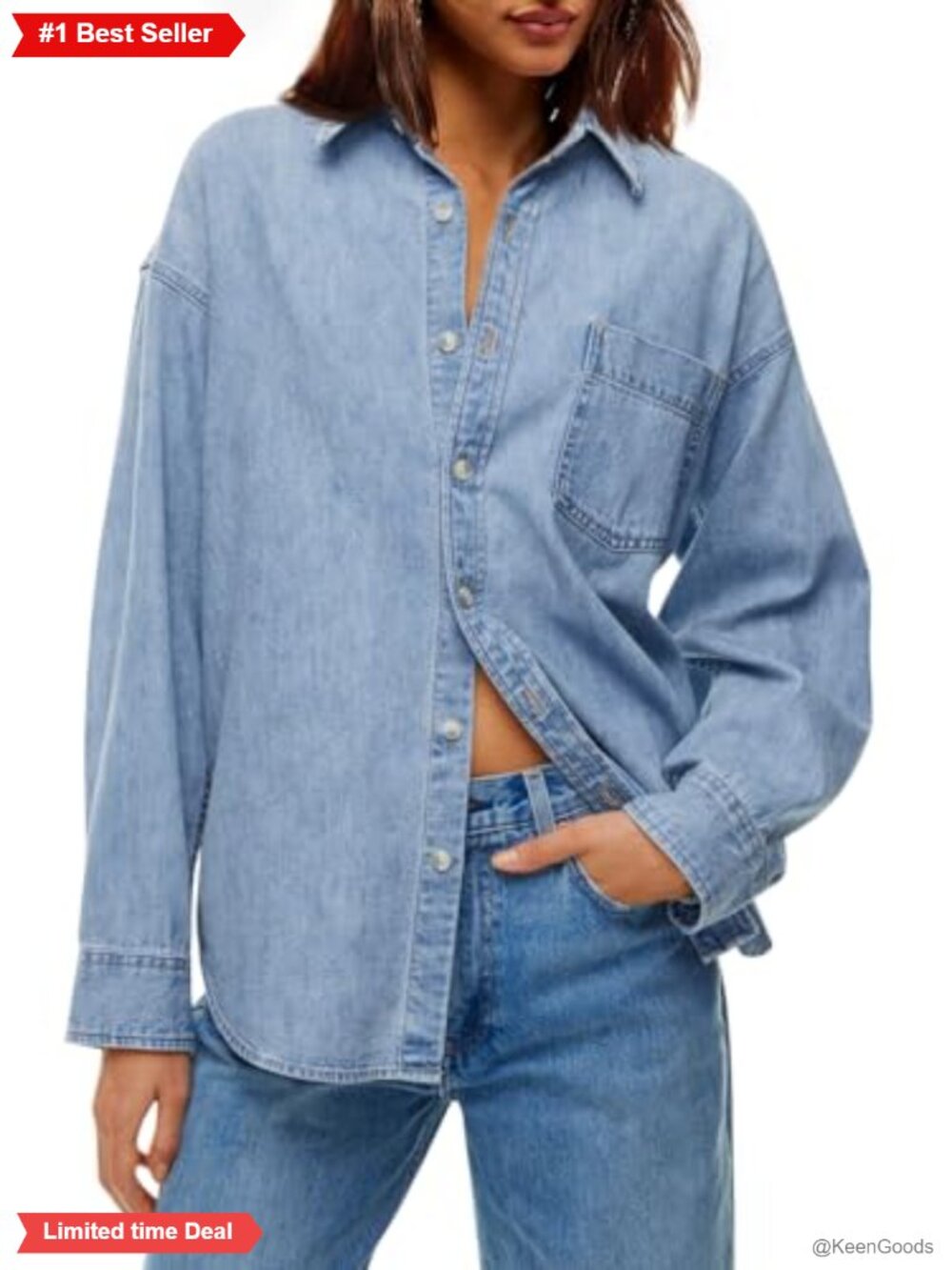Oversized Denim Button Down Shirt Long Sleeve Cotton Jean Blouse
